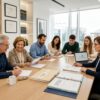 Equipo de profesionales reunidos alrededor de una mesa de trabajo revisando documentos en una oficina moderna y luminosa