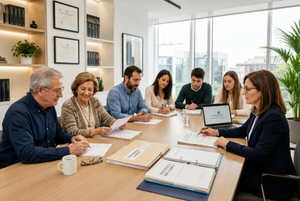 Equipo de profesionales reunidos alrededor de una mesa de trabajo revisando documentos en una oficina moderna y luminosa