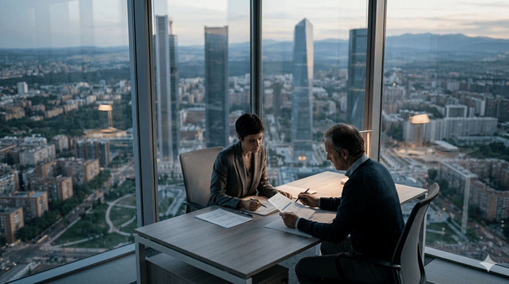 Assessor financer independent reunit amb client per a gestió de cartera d'inversió a Madrid